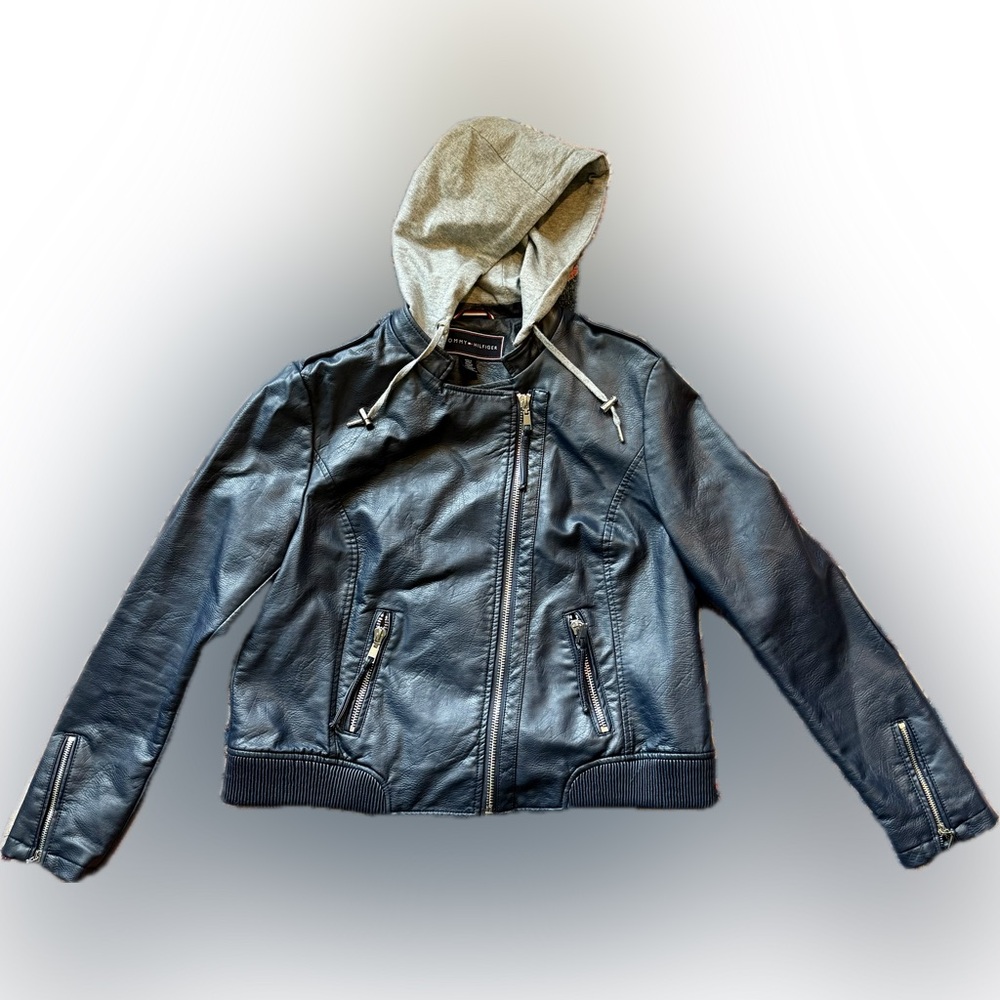 Tommy Hilfiger Blue Leather Jacket with Hood size XL